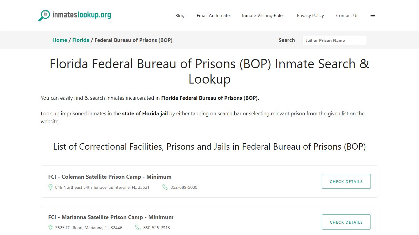 Florida Federal Bureau of Prisons (BOP) Inmate Search & Lookup
